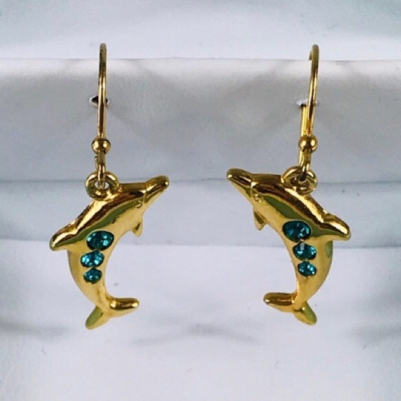 Gold Toned Dolphin Blue Stone Dangle Earrings - Picture 2 of 10